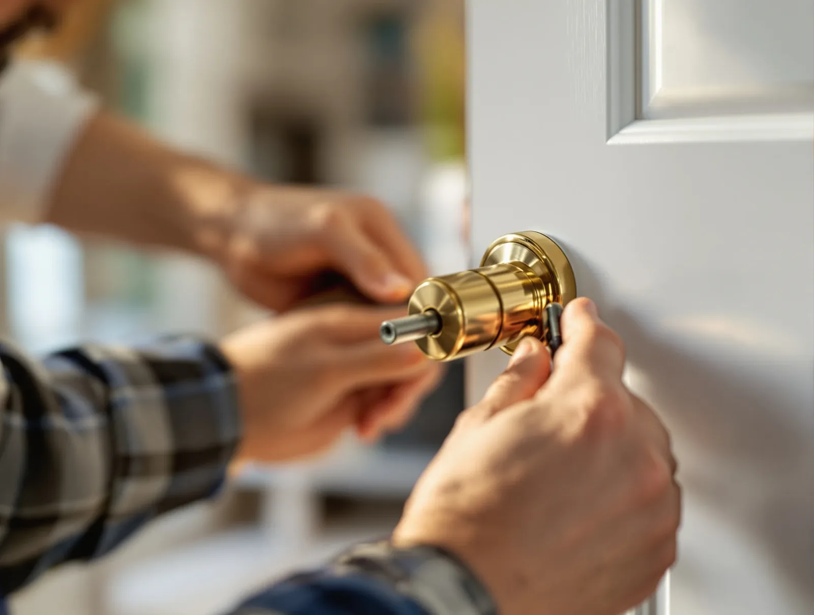 Professional deadbolt lock installation on a residential door